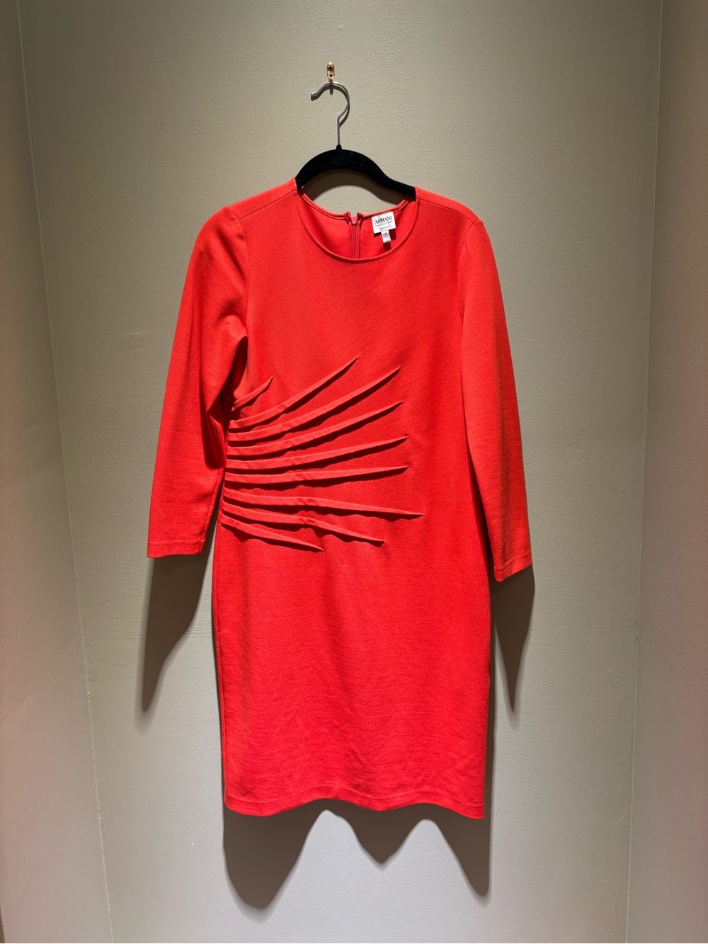 Armani Collezioni Coral Red Sheath Dress with Sculptural Pleated Detail